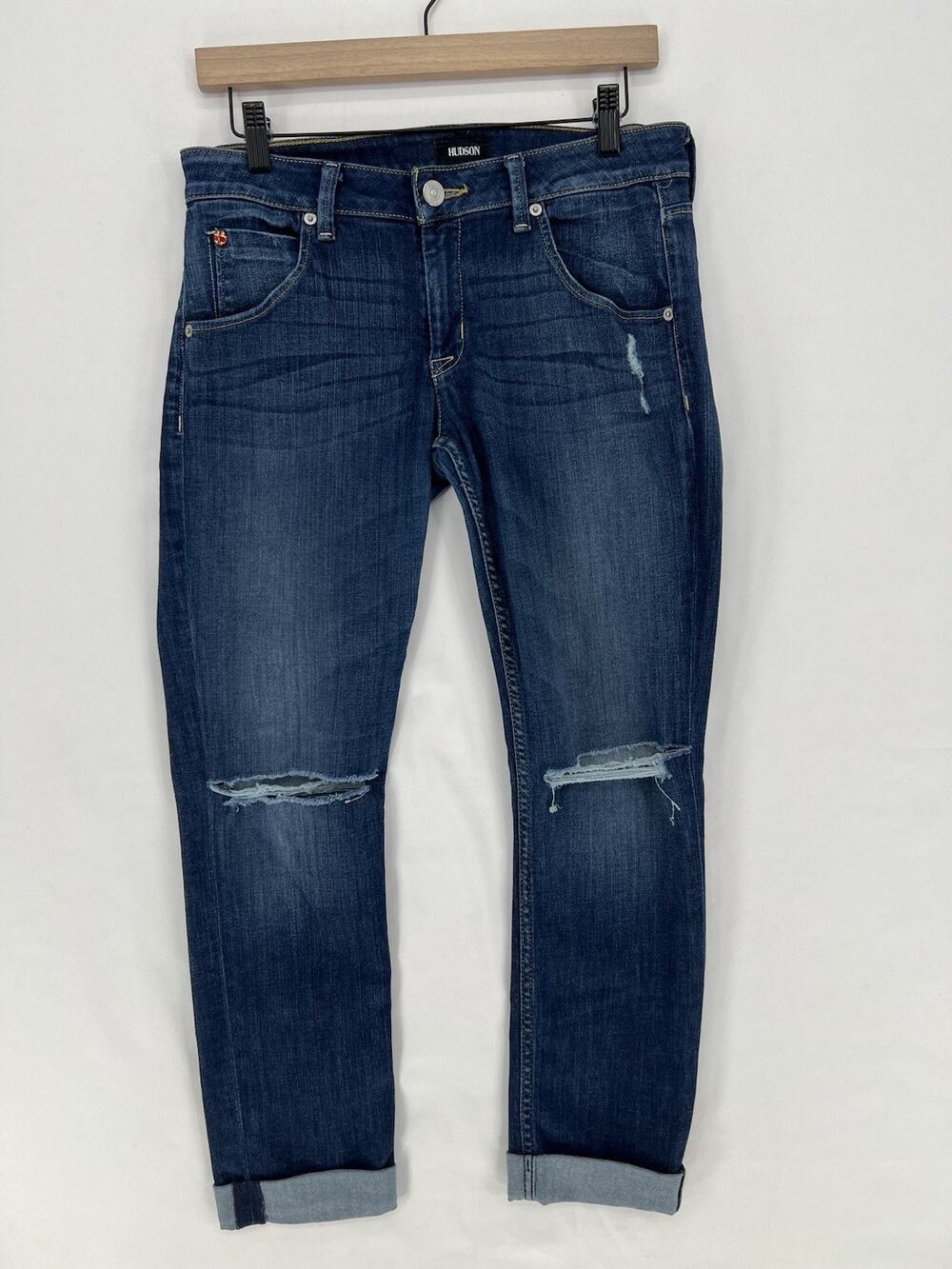 Hudson Bacara Crop Straight Cuffed Distressed Jeans Womens 28 Dark Wash